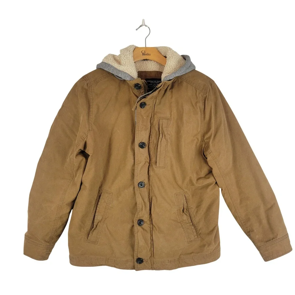 American Eagle Utility Jacket Coat Tan Brown‎ Size Large Hoooded